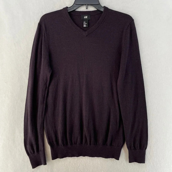 H&M Sweater Men's Sz S Dark Purple Pullover Cashmere V-neck Long Sleeve Stretch - Picture 1 of 12